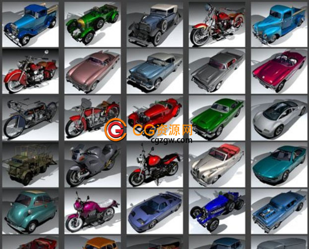轿车吉普摩托车3D模型，Vintage Modern Cars And Bikes for C4D-图片1