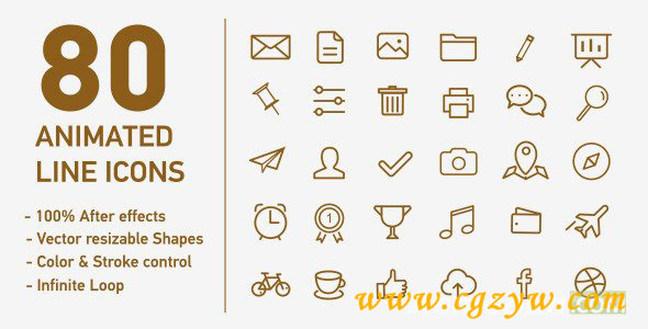 AE模板－80组网页简洁动态图标 VideoHive 80 Animated Line Icons