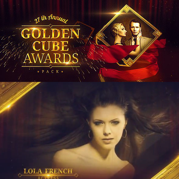 AE模板-金色相框红色绸带幕布照片人物颁奖典礼晚会信息介绍