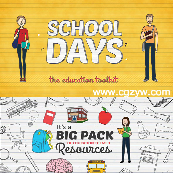 AE模板-手绘卡通动画设计校园老师学生教育MG动画素材工具包