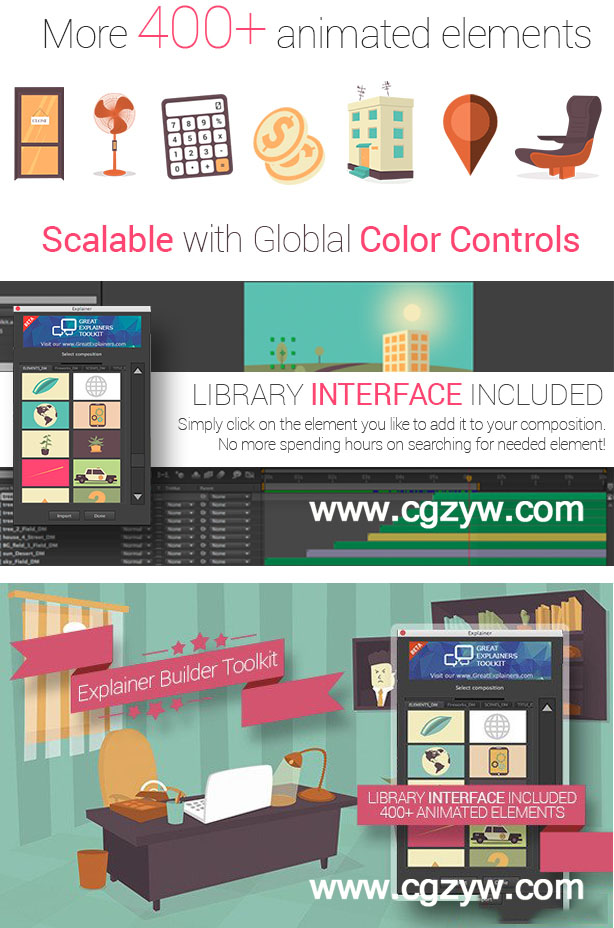 AE模板-扁平化平面化人物解说MG动画素材场景制作工具包（含脚本）-图片2
