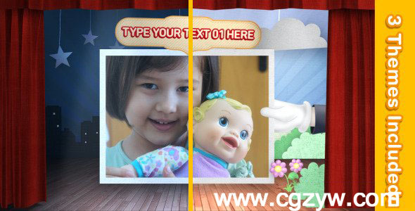 AE模板-舞台红幕拉开儿童成长电子相册彩色转场视频展示