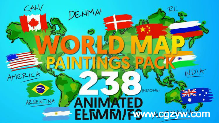AE模板-世界地图国家城市地形国旗名称地点手绘效果包装4K动画-图片1