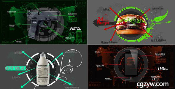 AE模板-高科技信息MG动画物体部件细节介绍数据模块HUD指示线展示