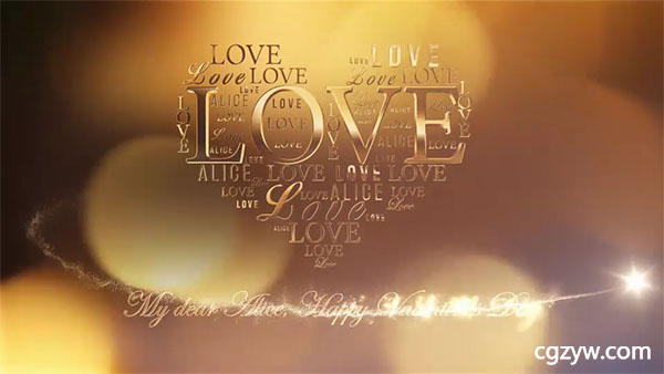 AE模板-浪漫爱情婚礼金色文字粒子汇聚红心开场展示