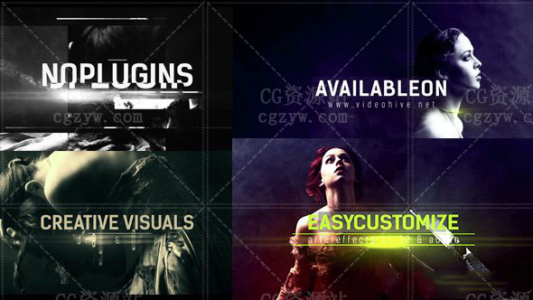 AE模板-炫光华丽画面分割失真时尚动感图文展示 免费下载