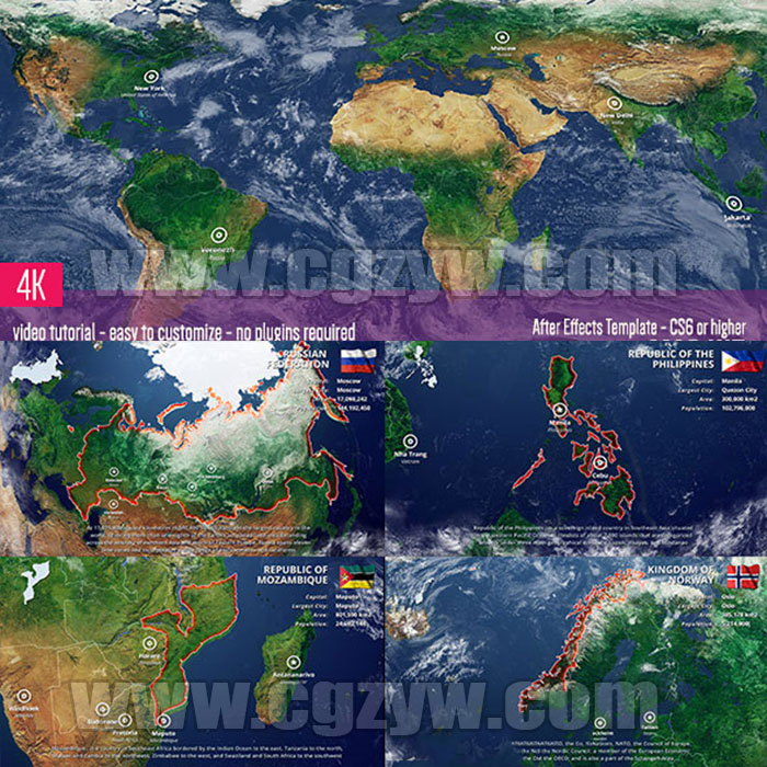 AE模板-4K2D3D世界地图国家边界地点定位指引示意展示工具包