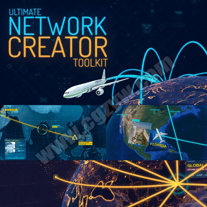 AE模板-三维军事地球飞机高科技HUD地点连线网络数据传输创建者工具包E3D工程