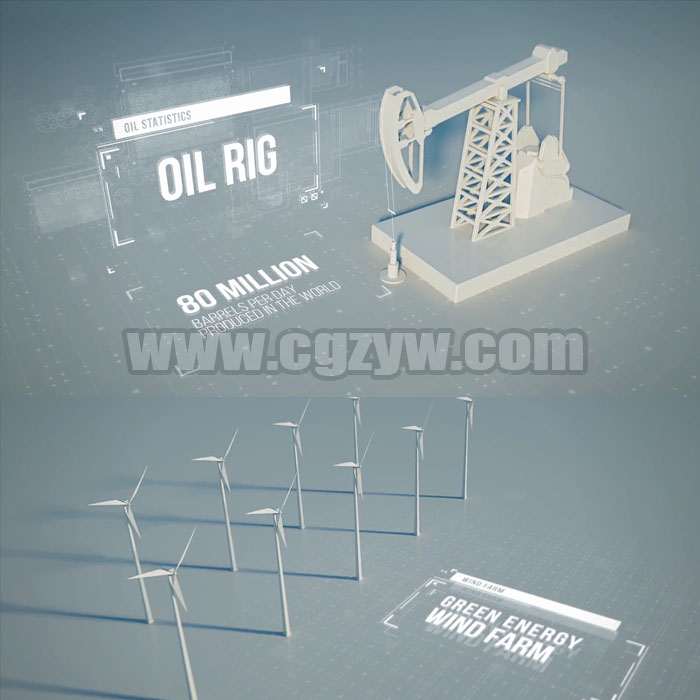 AE模板-三维城市企业高科技天然气风车电力油田HUD系统数据展示