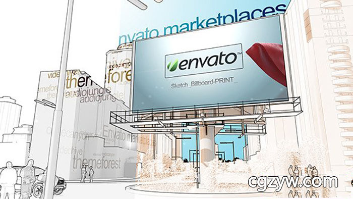 AE模板-三维线描轮廓建筑户外Led大屏幕广告牌推广展示Sketch Billboard 免费下载