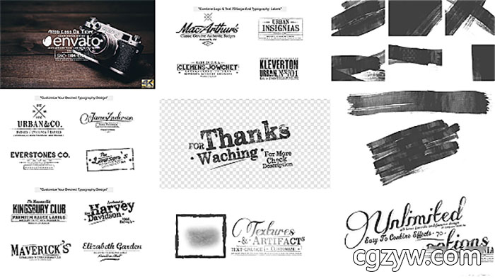 AE模板-70组复古文字排版动画水墨咖啡徽章风格笔刷遮罩工具包