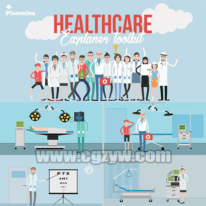 AE模板-二维卡通人物绑定医院医疗医生护士角色场景MG动画工具包