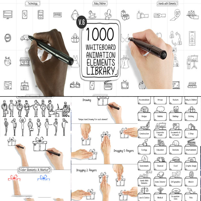 AE模板-白板扁平化手绘卡通贴纸风格MG动画人物角色解说动态元素包