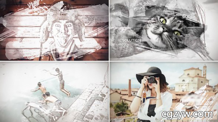 AE模板-卡通水墨素描风格转场图片展示片头 Painted Slideshow 免费下载