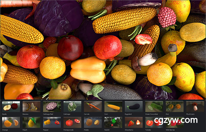 E3D C4D模型-19组三维水果蔬菜苹果香蕉草莓西红柿模型含贴图Fruit Model E3D & Cinema 4d免费下载