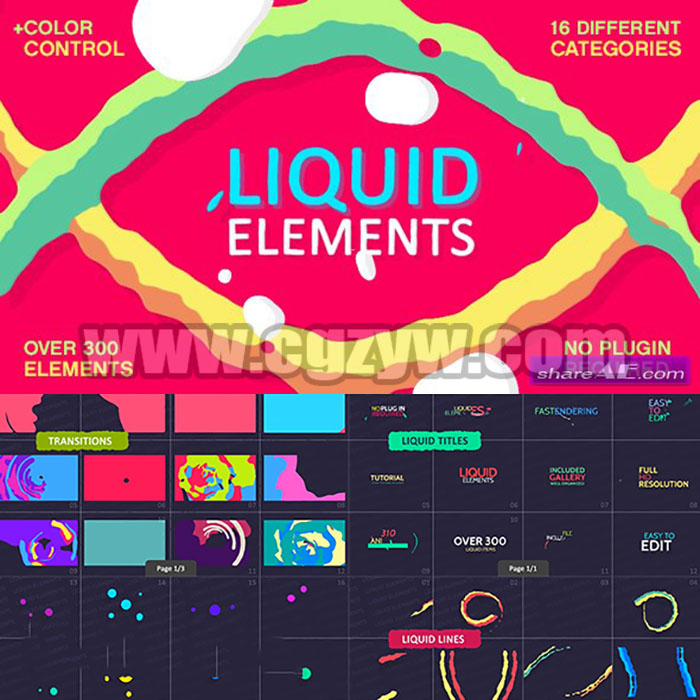 AE模板-310种FX卡通液体流动爆炸转场线条路径手绘元素MG动画