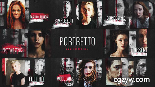 AE模板-动态颗粒噪点水墨笔刷图片展示片头 Portretto Grunge Slideshow 免费下载