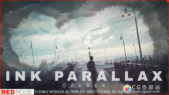 AE模板-游戏复古水墨散开融合遮罩图片展示片头 Ink Parallax Opener 免费下载