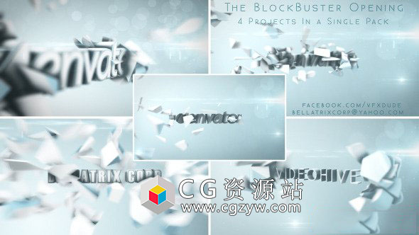 AE模板-三维标志爆炸碎片3D文字片头展示 Blockbuster Trailer Vol.1 Clean, Bright & Elegant 免费下载