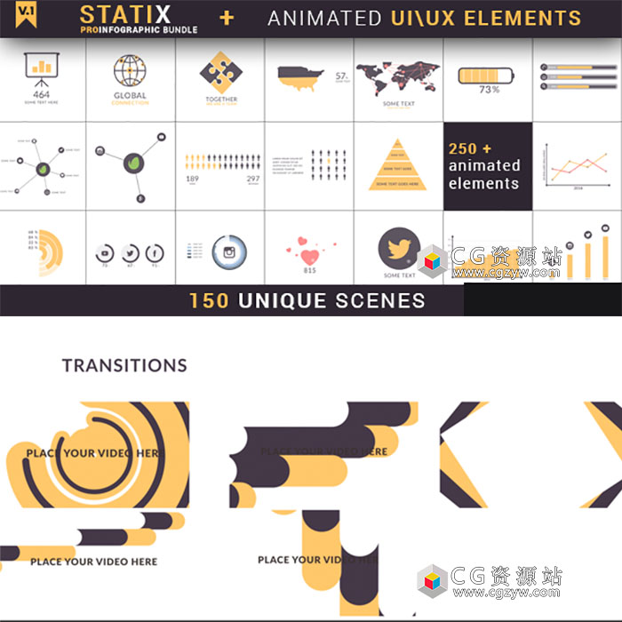 AE模板-150组时尚信息图表数据统计UIUX界面图标动画MG元素包