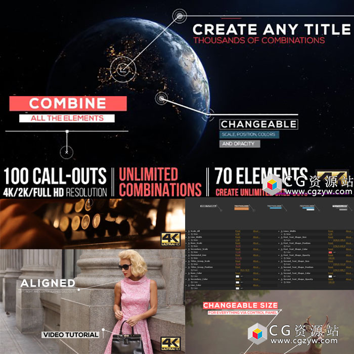 AE模板-100组高科技信息图表图形文字说明呼叫指示线制作工具包