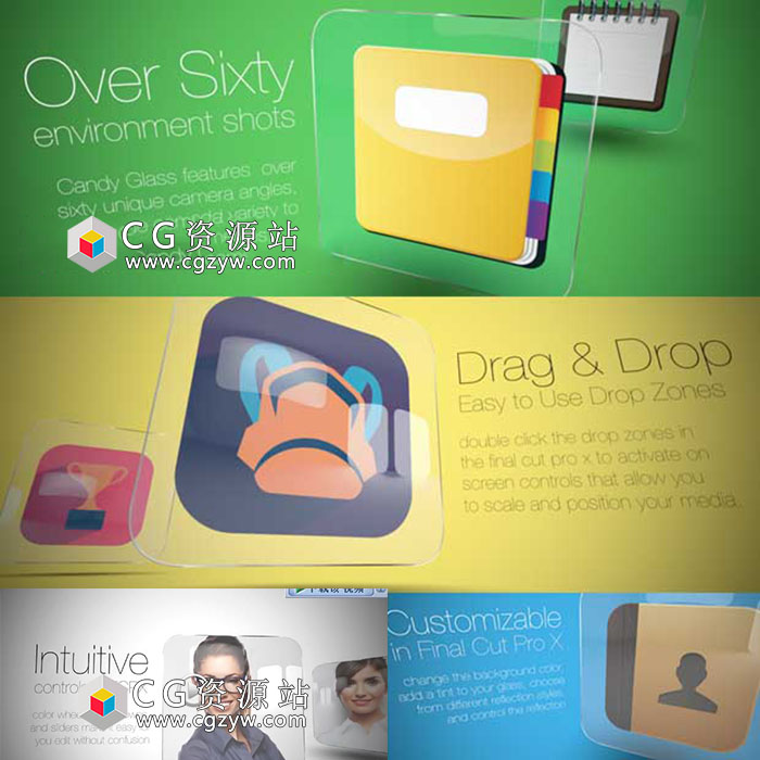 FCPX主题插件-透明玻璃质感图片视频开场介绍片头插件CANDY GLASS