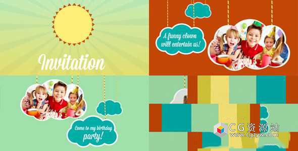 AE模板-卡通小孩绳子悬挂孩子生日照片相册片头 Kids Intro Clouds on Ropes 免费下载