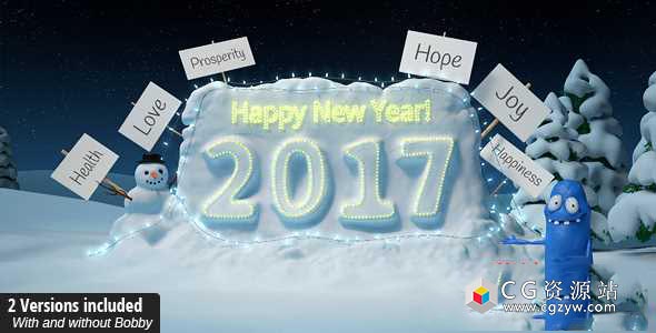 AE模板-2017新年圣诞节片头卡通小人雪地烟花新年Logo展示 New Year