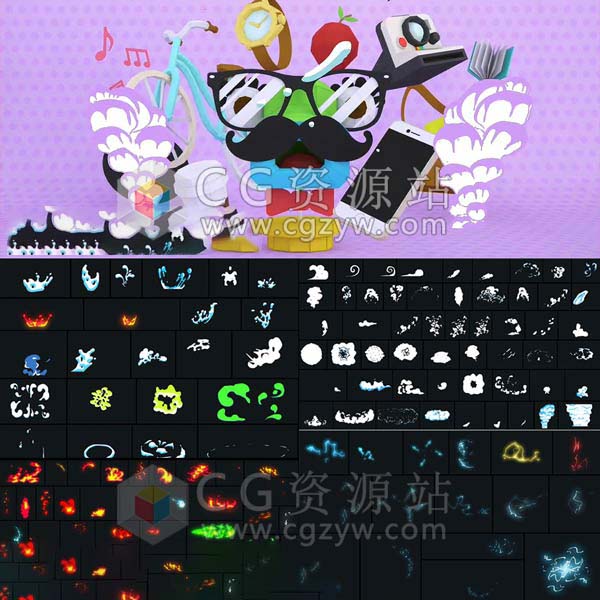 AE模板-300+二维手绘闪电烟雾火焰游戏MG动画元素+通道视频素材
