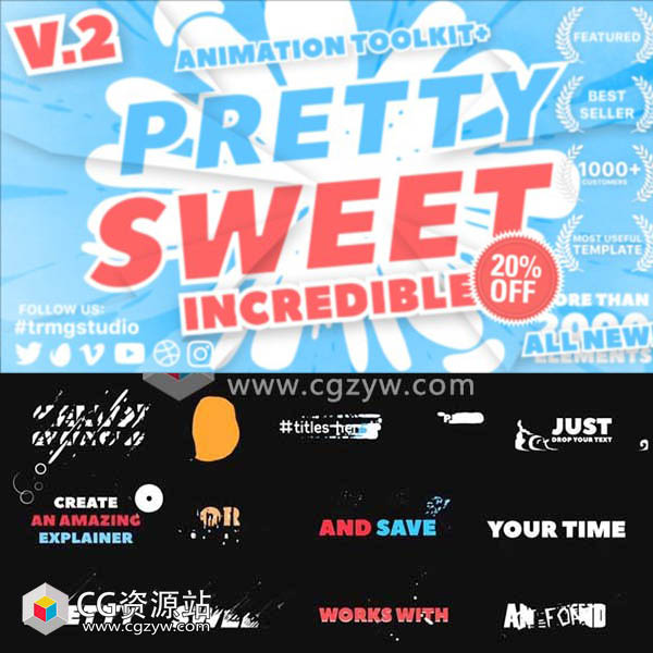AE脚本模板-600组手绘卡通流体转场文字标题MG动画元素工具包-图片1