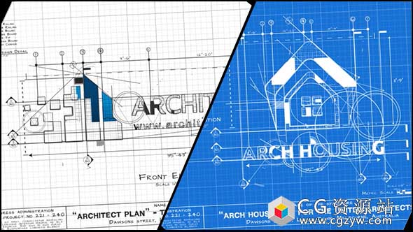 AE模板-建筑标志手绘线条建筑蓝图Logo动画 Architect Logo
