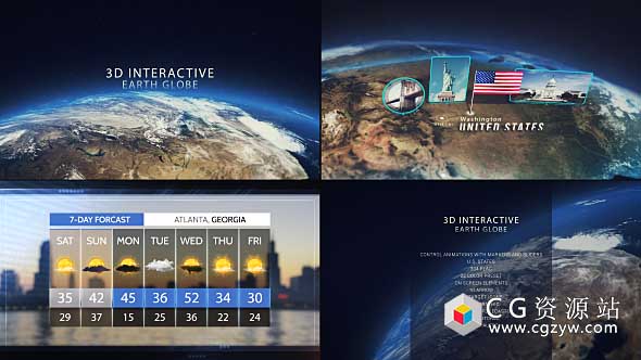 AE模板-E3D三维地球位置地点国旗旅行信息展示 3D Interactive Earth Globe
