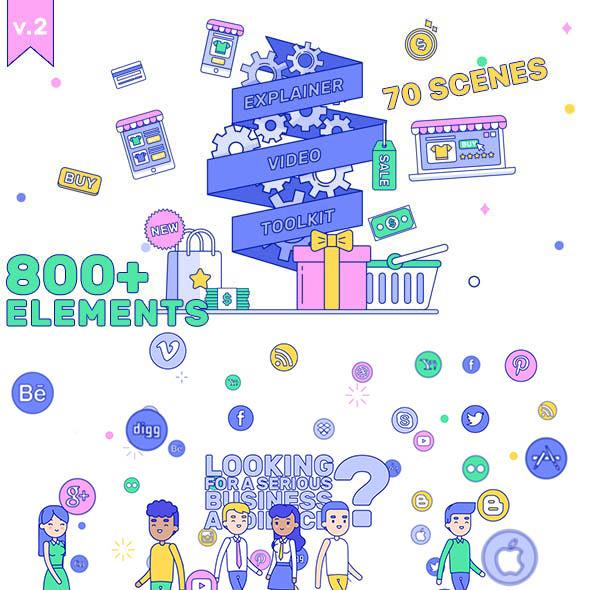 AE模板-800+MG动画时尚线条人物角色场景介绍片头元素包V2-图片1