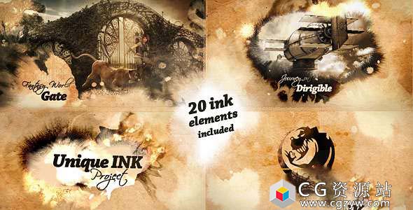 AE模板-复古水墨遮罩多重效果电影游戏书籍特殊活动演示图片展示 Unique Ink
