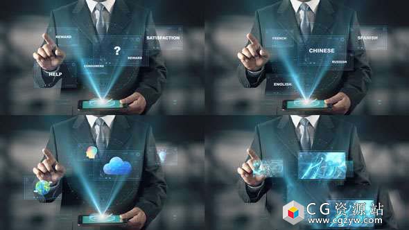 AE模板-手指点击控制商务全息投影动画Hologram Businessman Screens