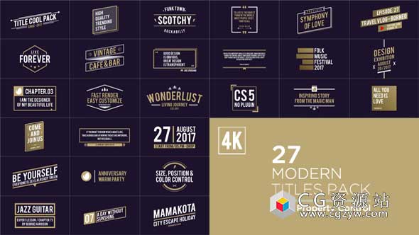 AE模板-4K现代时髦27组文字标题动画 Titles Pack