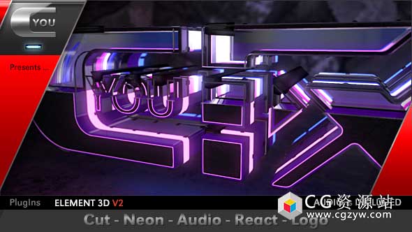 AE模板-E3D三维标志玻璃质感霓虹灯Logo展示 Cut Neon Audio React Logo