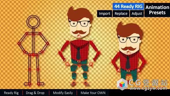 AE模板-卡通人物角色绑定动画预设工具 Ready Rig for Your Character