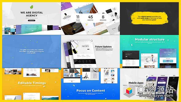 AE模板-创意设计网站演示视频手机UI展示动画digital-agency-startup-website-presentation