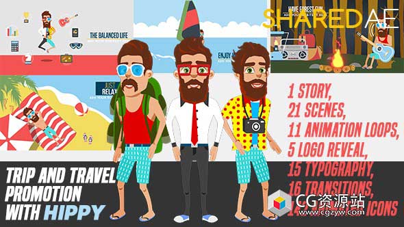 AE模板-卡通人物角色动画图标旅游旅行企业公司宣传MG动画