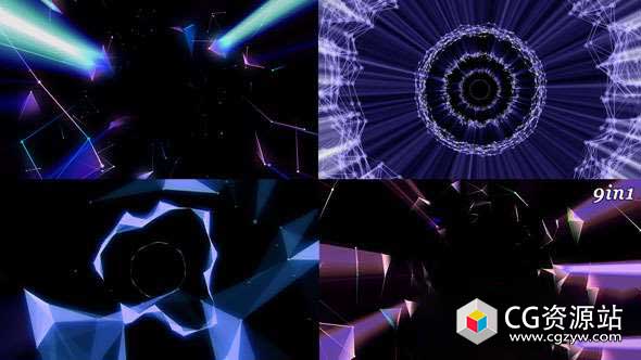 视频素材-9组vj循环音乐夜总会循环点线粒子穿梭背景 Plexus Fly