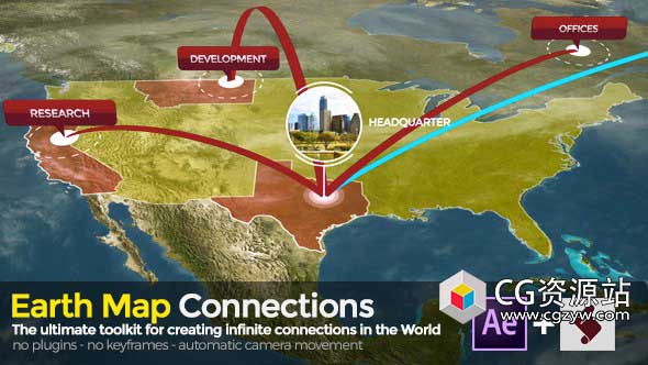 AE模板+脚本地球地图地点连线介绍展示动画工具包Earth Map Connections folder