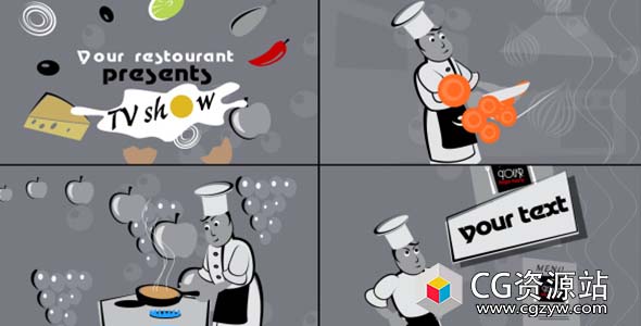 AE模板-抽象简笔画美食餐厅食物宣传电视包装片头 Restaurant theme