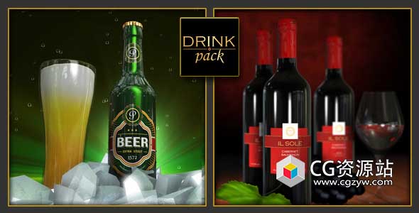 AE模板-饮料包2合1三维动画葡萄酒啤酒电视栏目包装 Drink Pack 2-in-1