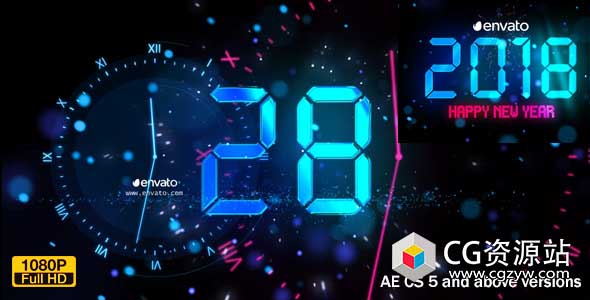 AE模板-2018新年快乐时钟倒计时烟花粒子片头 New Year Countdown 2018