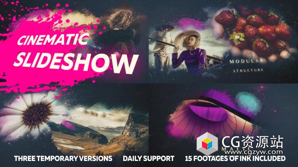 AE模板-墨迹幻灯片演示水彩水墨遮罩图片展示片头 + 背景音乐