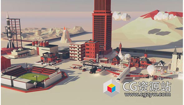 C4D/E3D模型预设-低多边形汽车/飞机/楼房/建筑/城市生活场景预设