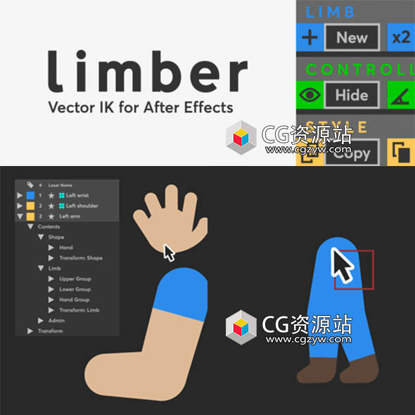 AE脚本-二维MG动画角色生成手脚关节IK绑定脚本 Limber V2.1.2 Win/Mac+ 中英文字幕教程