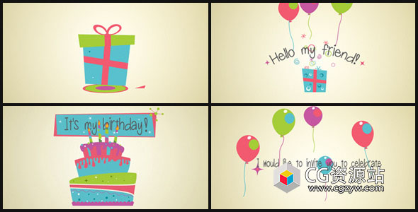 AE模板-卡通庆祝活动生日快乐邀请卡片头Invitation Card