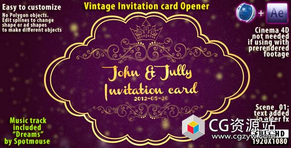AE+C4D模板-三维复古邀请卡动画 Vintage Invitation Card